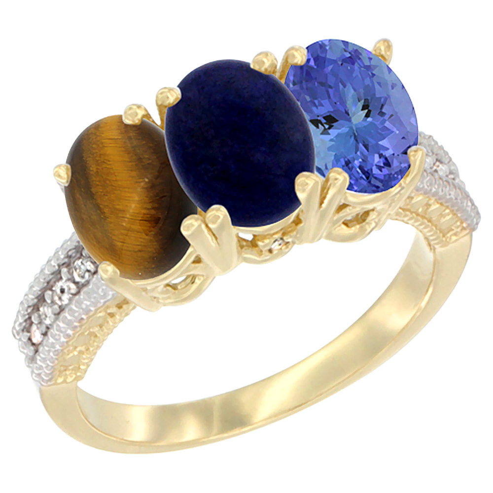 14K Yellow Gold Natural Tiger Eye, Whisky Quartz & Tanzanite Ring 3-Stone 7x5 mm Oval Diamond Accent, sizes 5 - 10