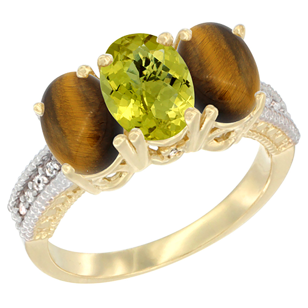 14K Yellow Gold Natural Lemon Quartz & Tiger Eye Sides Ring 3-Stone 7x5 mm Oval Diamond Accent, sizes 5 - 10