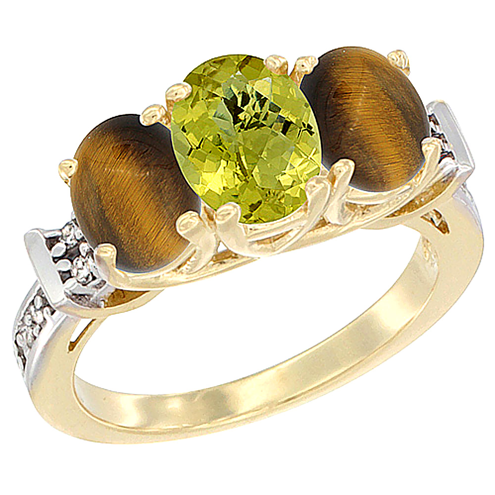 10K Yellow Gold Natural Lemon Quartz & Tiger Eye Sides Ring 3-Stone Oval Diamond Accent, sizes 5 - 10