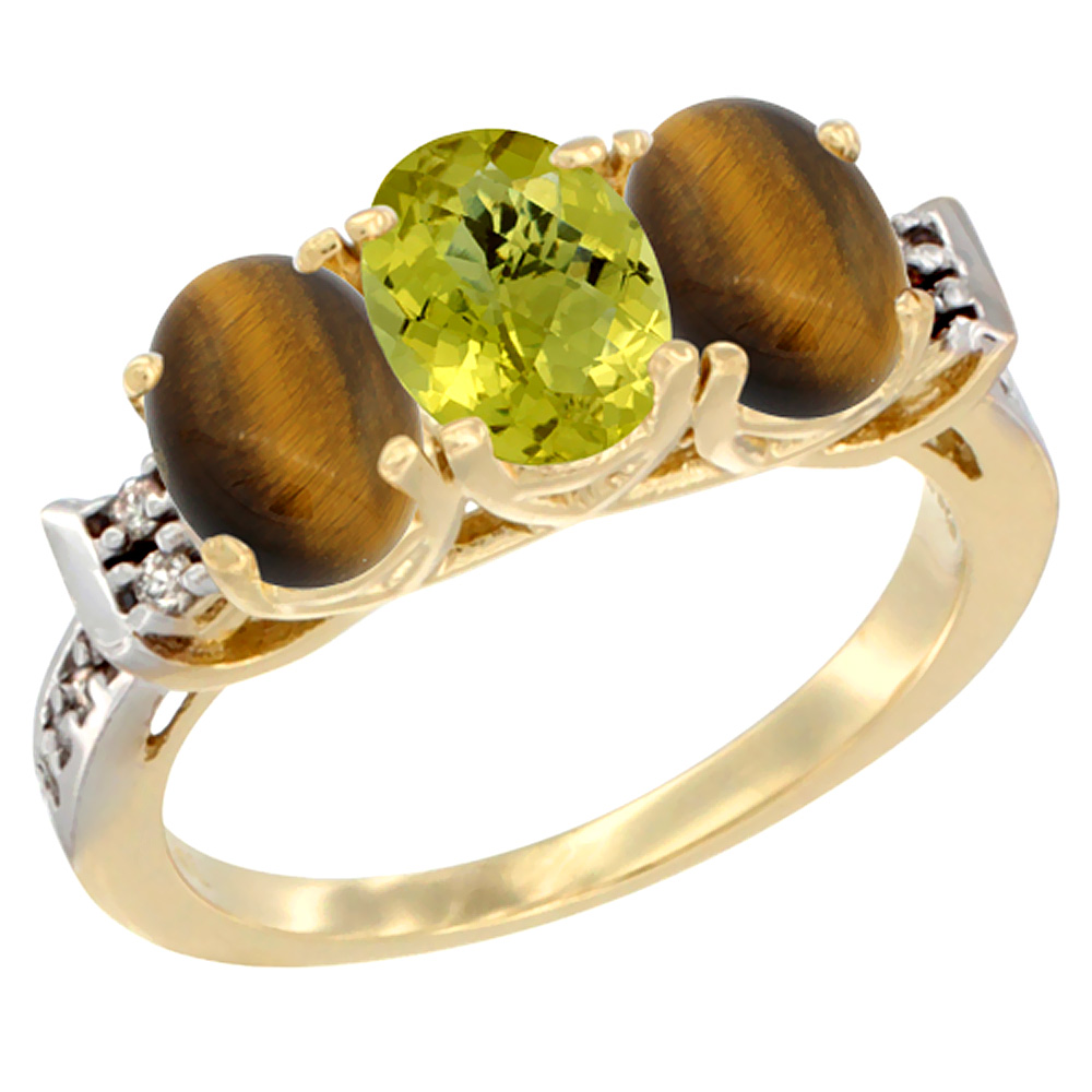 10K Yellow Gold Natural Lemon Quartz & Tiger Eye Sides Ring 3-Stone Oval 7x5 mm Diamond Accent, sizes 5 - 10