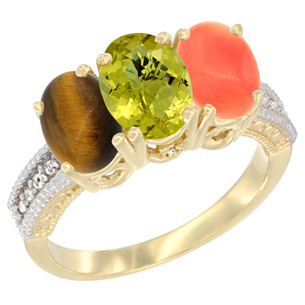 10K Yellow Gold Diamond Natural Tiger Eye, Lemon Quartz & Coral Ring 3-Stone 7x5 mm Oval, sizes 5 - 10