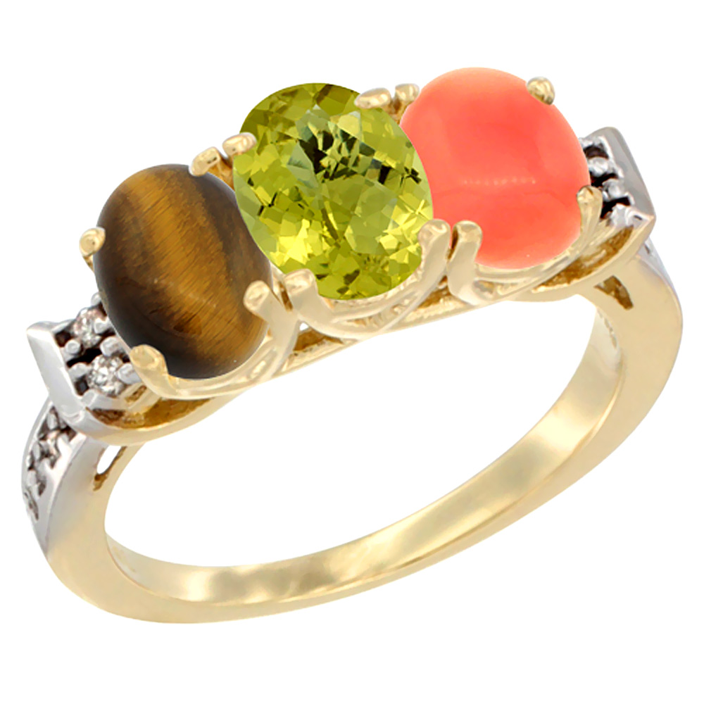 14K Yellow Gold Natural Tiger Eye, Lemon Quartz & Coral Ring 3-Stone Oval 7x5 mm Diamond Accent, sizes 5 - 10