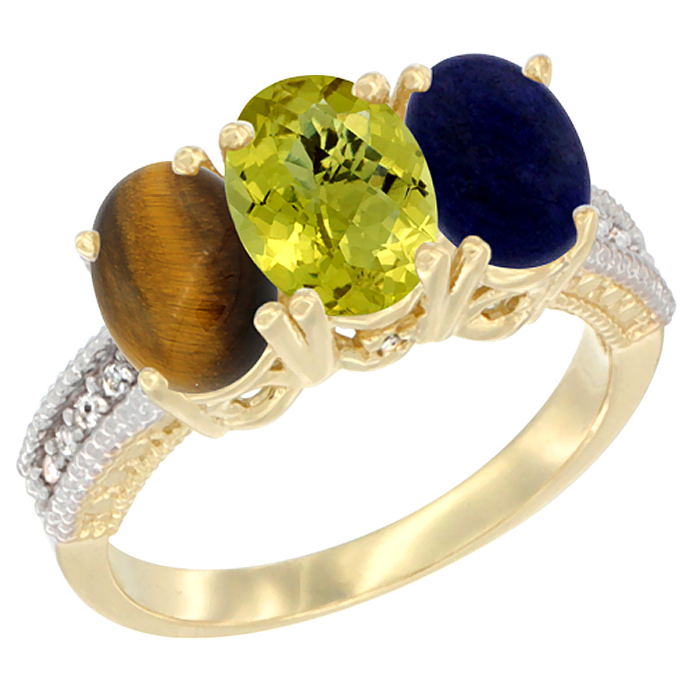 10K Yellow Gold Diamond Natural Tiger Eye, Lemon Quartz & Lapis Ring 3-Stone 7x5 mm Oval, sizes 5 - 10