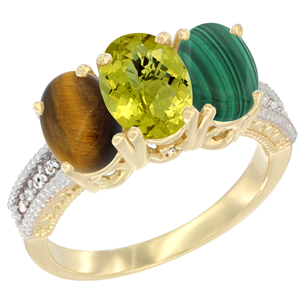 10K Yellow Gold Diamond Natural Tiger Eye, Lemon Quartz & Malachite Ring 3-Stone 7x5 mm Oval, sizes 5 - 10