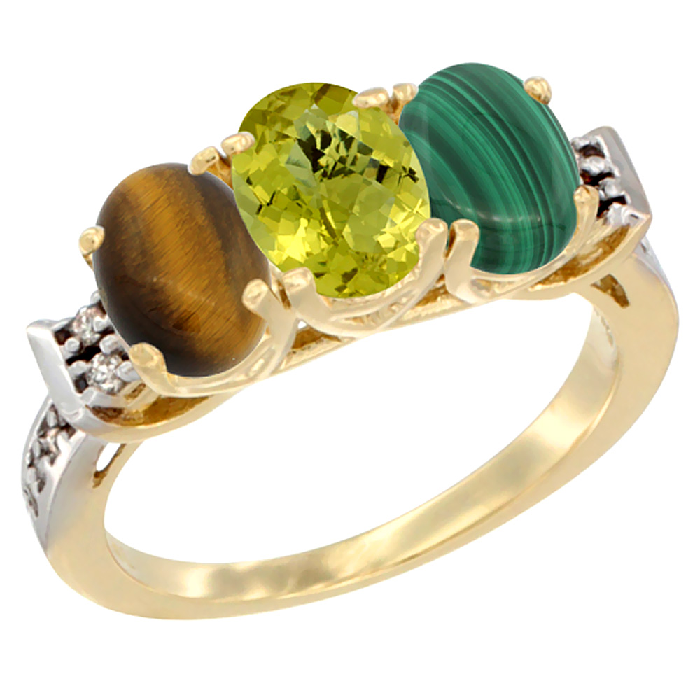 10K Yellow Gold Natural Tiger Eye, Lemon Quartz & Malachite Ring 3-Stone Oval 7x5 mm Diamond Accent, sizes 5 - 10