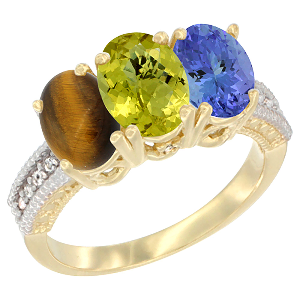 10K Yellow Gold Diamond Natural Tiger Eye, Lemon Quartz & Tanzanite Ring 3-Stone 7x5 mm Oval, sizes 5 - 10