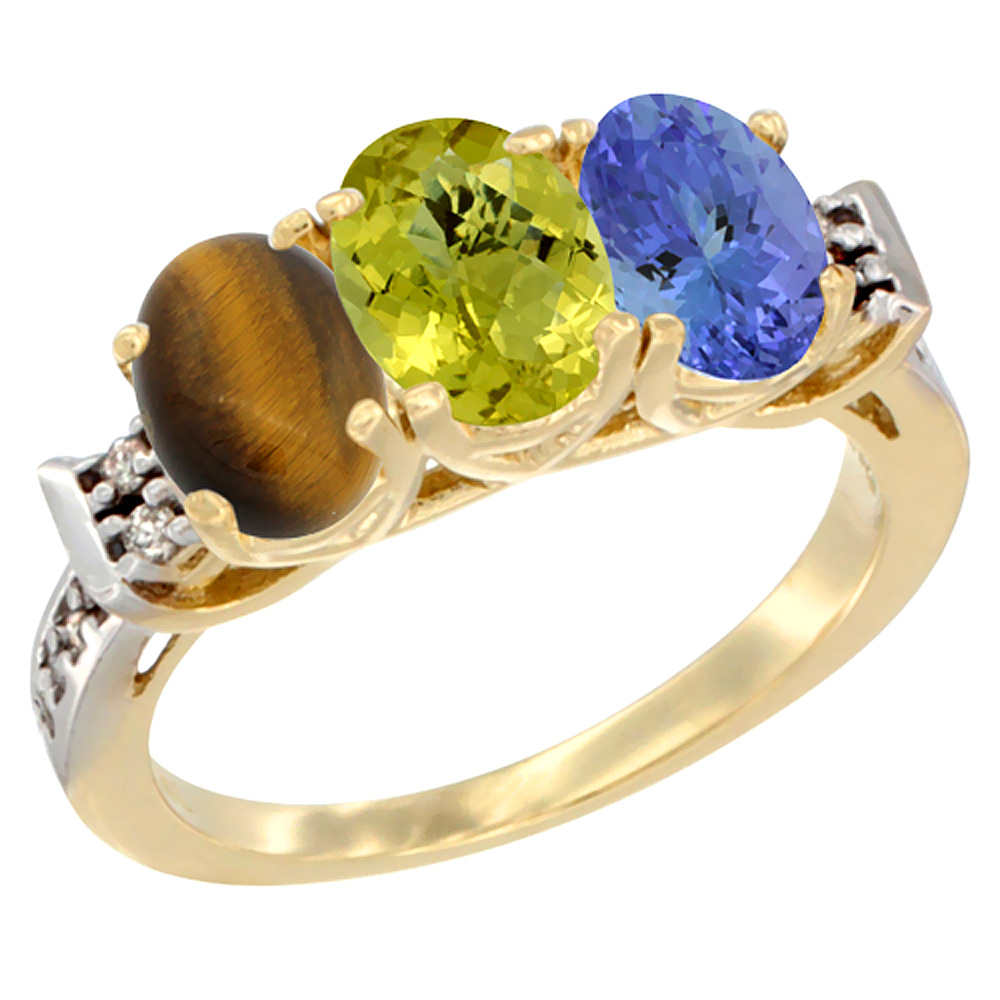 10K Yellow Gold Natural Tiger Eye, Lemon Quartz & Tanzanite Ring 3-Stone Oval 7x5 mm Diamond Accent, sizes 5 - 10