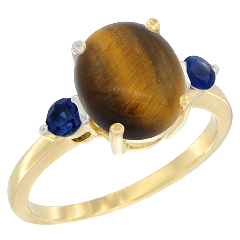 10K Yellow Gold 10x8mm Oval Natural Tiger Eye Ring for Women Blue Sapphire Side-stones sizes 5 - 10