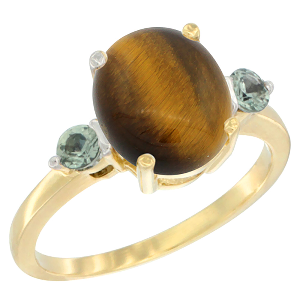 14K Yellow Gold 10x8mm Oval Natural Tiger Eye Ring for Women Green Sapphire Side-stones sizes 5 - 10