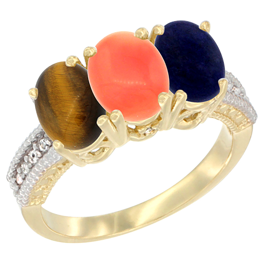 10K Yellow Gold Diamond Natural Tiger Eye, Coral & Lapis Ring 3-Stone 7x5 mm Oval, sizes 5 - 10