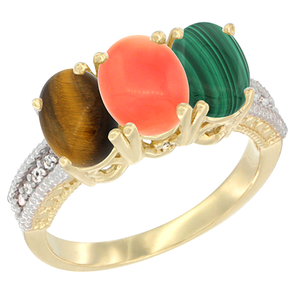 10K Yellow Gold Diamond Natural Tiger Eye, Coral & Malachite Ring 3-Stone 7x5 mm Oval, sizes 5 - 10