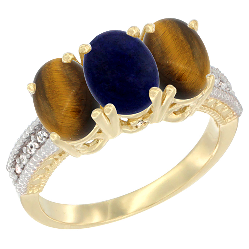 10K Yellow Gold Diamond Natural Lapis & Tiger Eye Ring 3-Stone 7x5 mm Oval, sizes 5 - 10