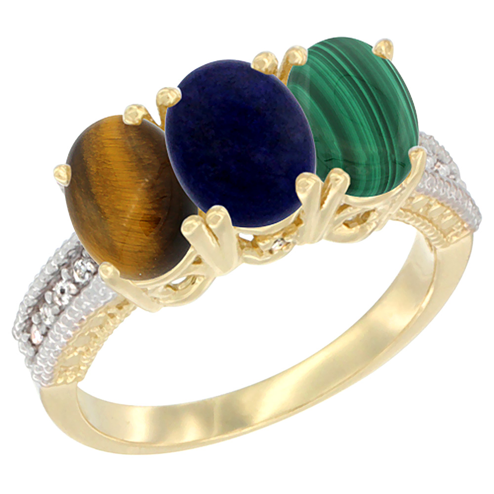 10K Yellow Gold Diamond Natural Tiger Eye, Lapis &amp; Malachite Ring 3-Stone 7x5 mm Oval, sizes 5 - 10