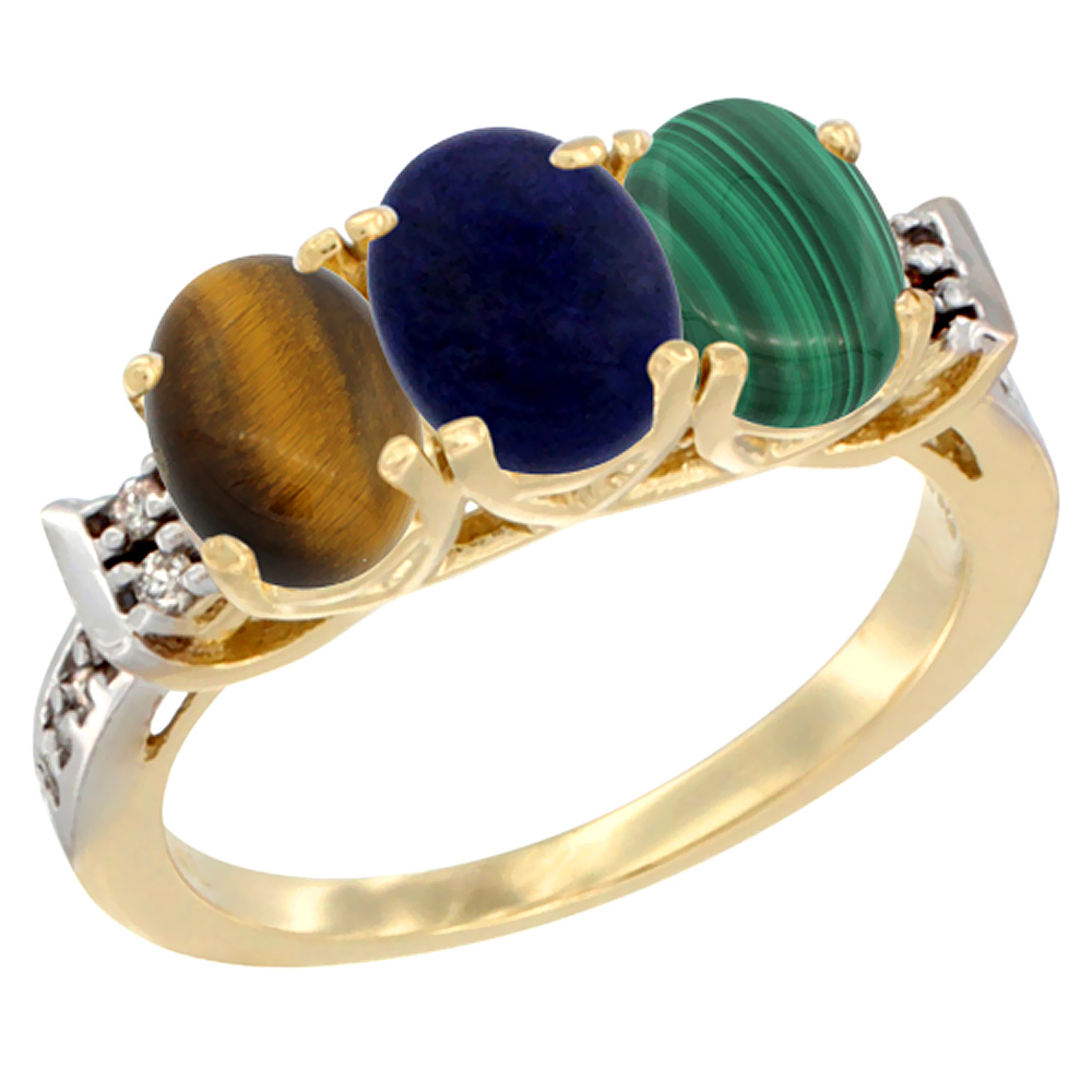 14K Yellow Gold Natural Tiger Eye, Lapis & Malachite Ring 3-Stone Oval 7x5 mm Diamond Accent, sizes 5 - 10