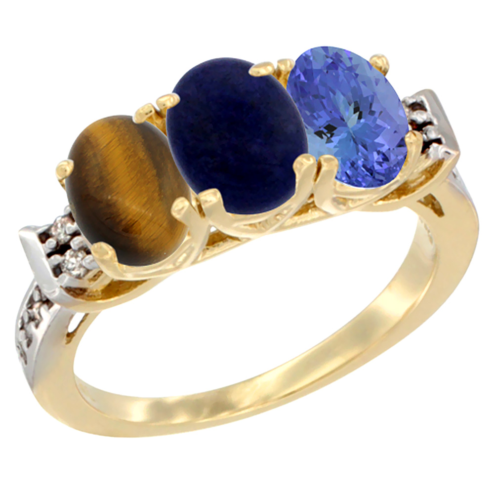 14K Yellow Gold Natural Tiger Eye, Lapis & Tanzanite Ring 3-Stone Oval 7x5 mm Diamond Accent, sizes 5 - 10