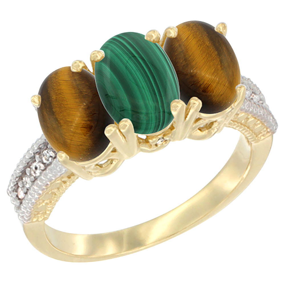 14K Yellow Gold Natural Malachite &amp; Tiger Eye Sides Ring 3-Stone 7x5 mm Oval Diamond Accent, sizes 5 - 10