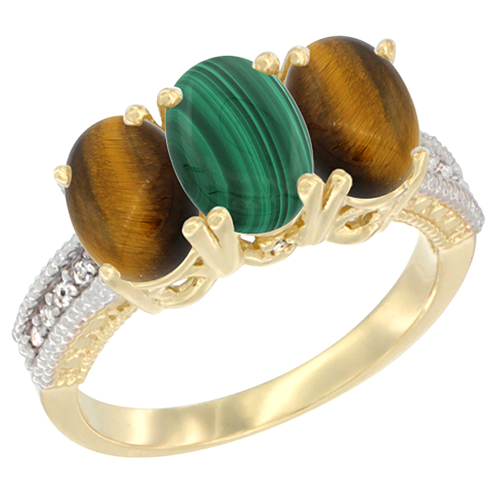 10K Yellow Gold Diamond Natural Malachite &amp; Tiger Eye Ring 3-Stone 7x5 mm Oval, sizes 5 - 10