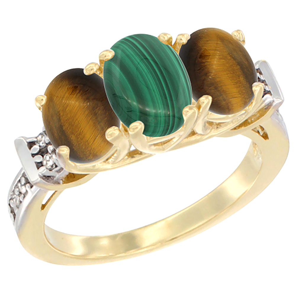 10K Yellow Gold Natural Malachite &amp; Tiger Eye Sides Ring 3-Stone Oval Diamond Accent, sizes 5 - 10