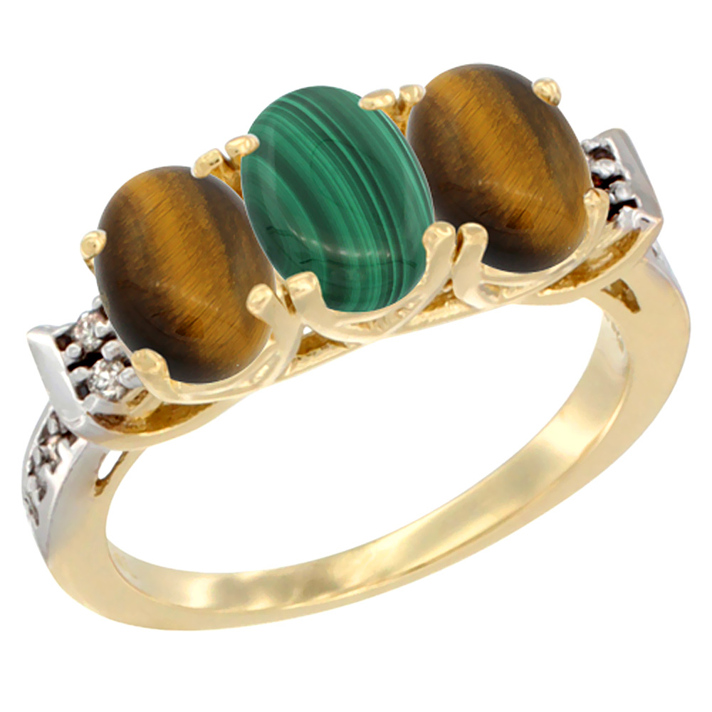 14K Yellow Gold Natural Malachite &amp; Tiger Eye Sides Ring 3-Stone Oval 7x5 mm Diamond Accent, sizes 5 - 10