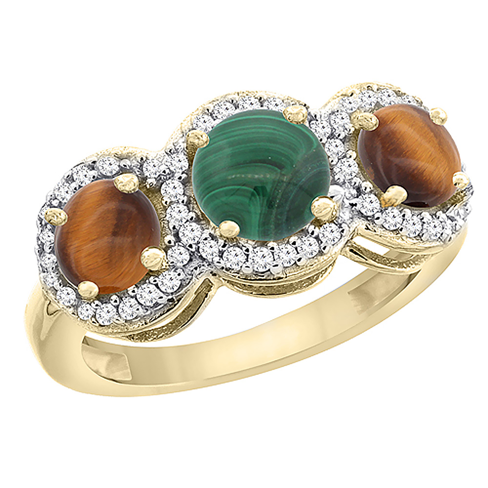 10K Yellow Gold Natural Malachite &amp; Tiger Eye Sides Round 3-stone Ring Diamond Accents, sizes 5 - 10