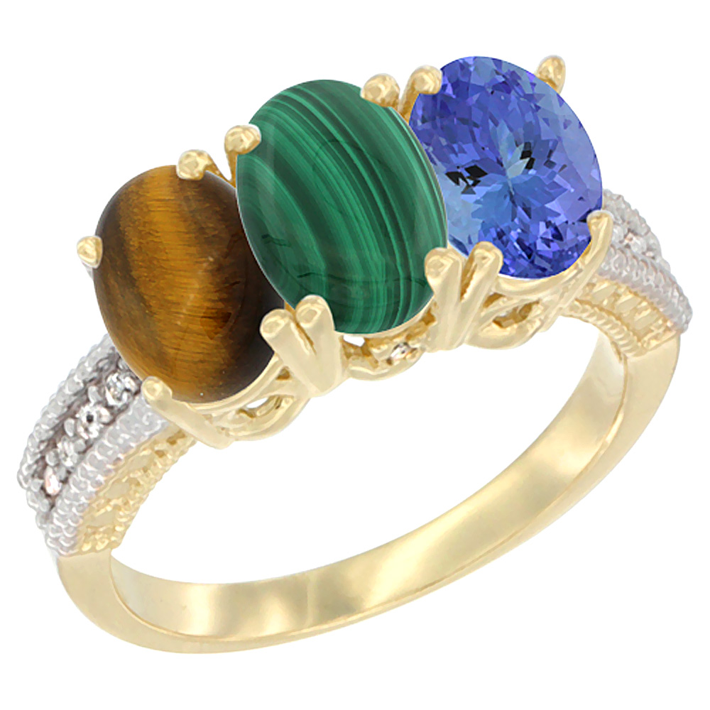 10K Yellow Gold Diamond Natural Tiger Eye, Malachite & Tanzanite Ring 3-Stone 7x5 mm Oval, sizes 5 - 10