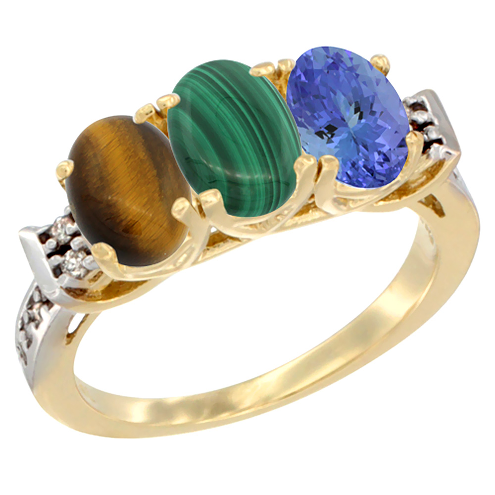 10K Yellow Gold Natural Tiger Eye, Malachite & Tanzanite Ring 3-Stone Oval 7x5 mm Diamond Accent, sizes 5 - 10