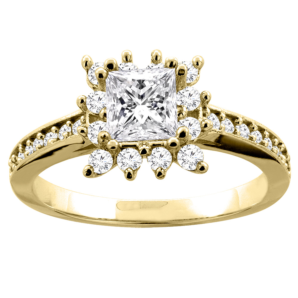 10K Yellow Gold 1.03 ct Princess cut Floral Halo Diamond Engagement Ring, sizes 5 - 10