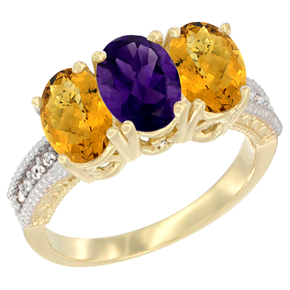 10K Yellow Gold Diamond Natural Amethyst &amp; Whisky Quartz Ring 3-Stone 7x5 mm Oval, sizes 5 - 10