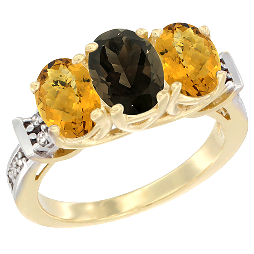 10K Yellow Gold Natural Smoky Topaz & Whisky Quartz Sides Ring 3-Stone Oval Diamond Accent, sizes 5 - 10