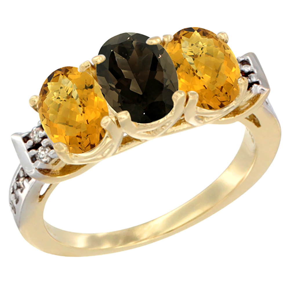 10K Yellow Gold Natural Smoky Topaz &amp; Whisky Quartz Sides Ring 3-Stone Oval 7x5 mm Diamond Accent, sizes 5 - 10