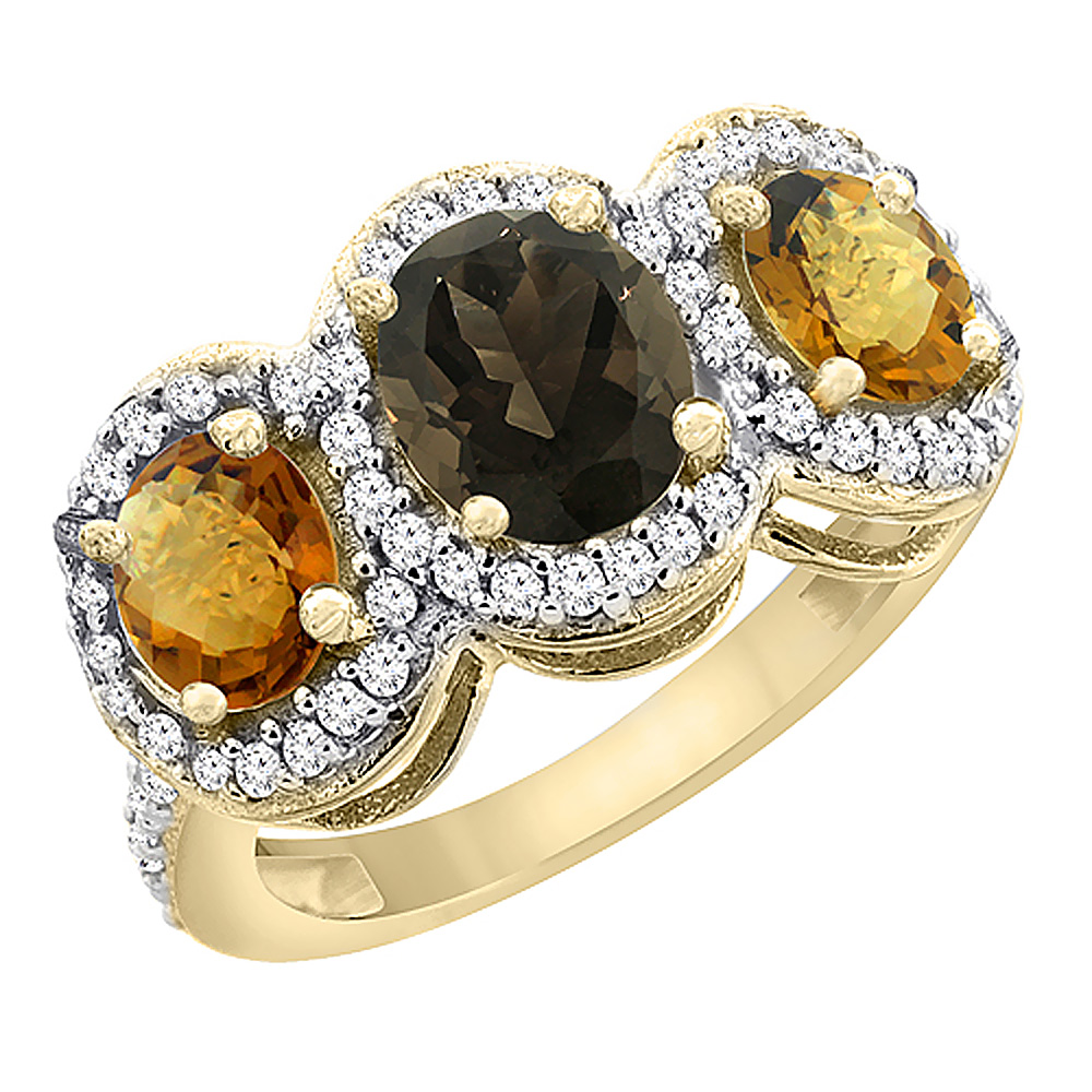 14K Yellow Gold Natural Smoky Topaz & Whisky Quartz 3-Stone Ring Oval Diamond Accent, sizes 5 - 10