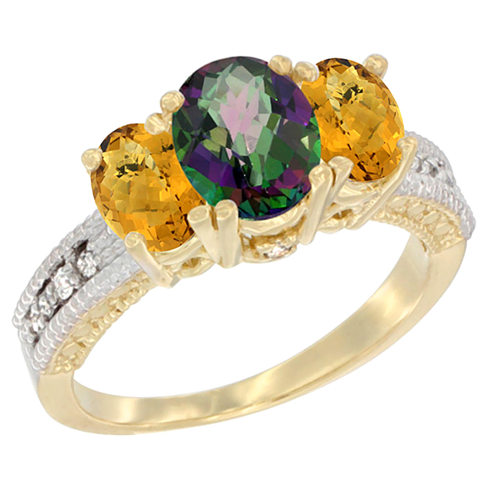 10K Yellow Gold Diamond Natural Mystic Topaz Ring Oval 3-stone with Whisky Quartz, sizes 5 - 10