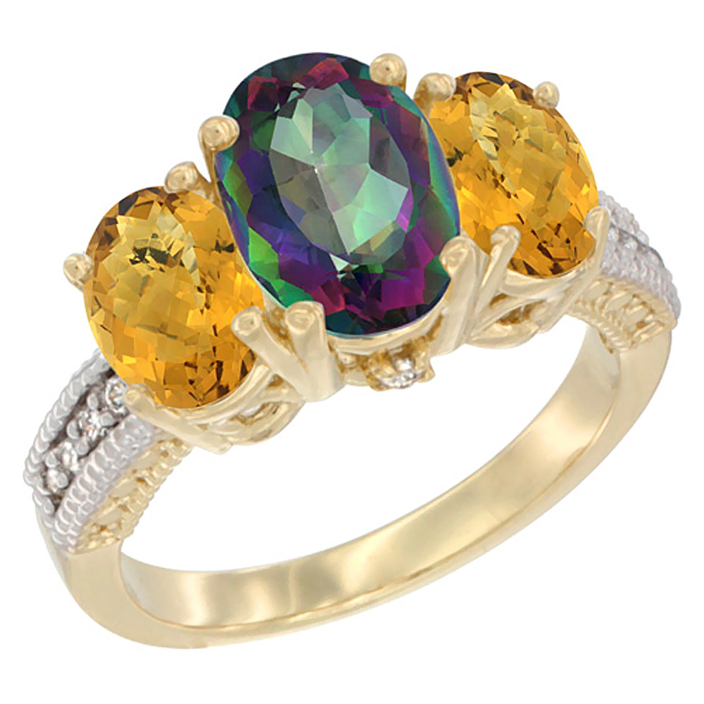 14K Yellow Gold Diamond Natural Mystic Topaz Ring 3-Stone Oval 8x6mm with Whisky Quartz, sizes5-10