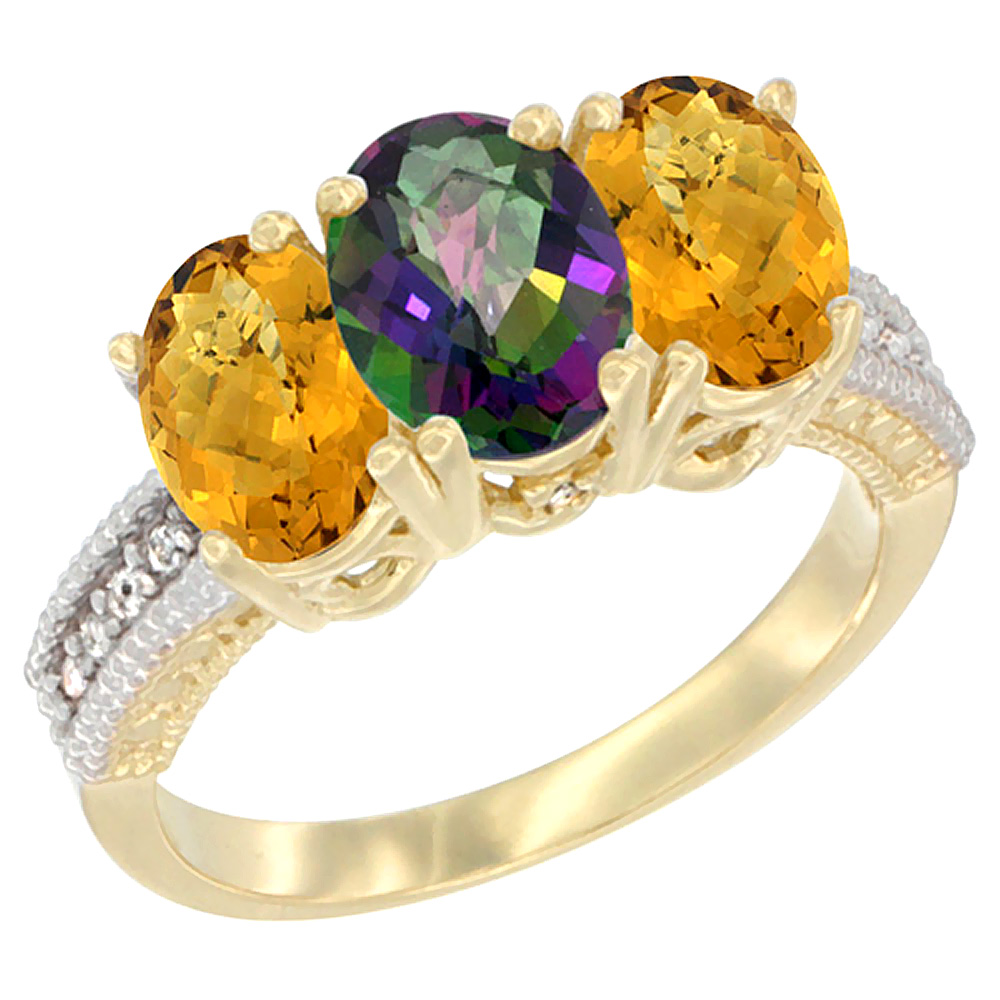 10K Yellow Gold Diamond Natural Mystic Topaz & Whisky Quartz Ring 3-Stone 7x5 mm Oval, sizes 5 - 10