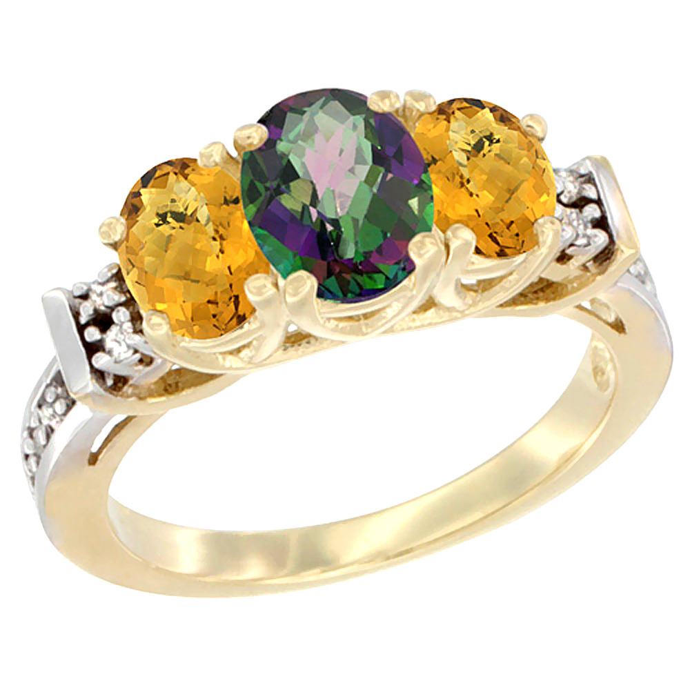 14K Yellow Gold Natural Mystic Topaz &amp; Whisky Quartz Ring 3-Stone Oval Diamond Accent