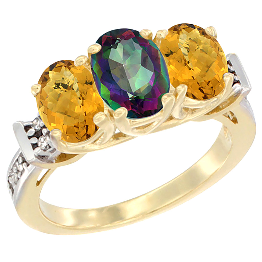 14K Yellow Gold Natural Mystic Topaz &amp; Whisky Quartz Sides Ring 3-Stone Oval Diamond Accent, sizes 5 - 10