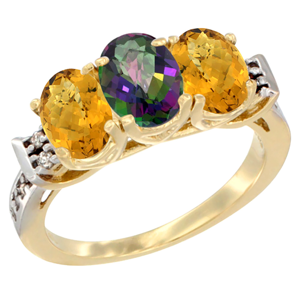 14K Yellow Gold Natural Mystic Topaz & Whisky Quartz Ring 3-Stone 7x5 mm Oval Diamond Accent, sizes 5 - 10