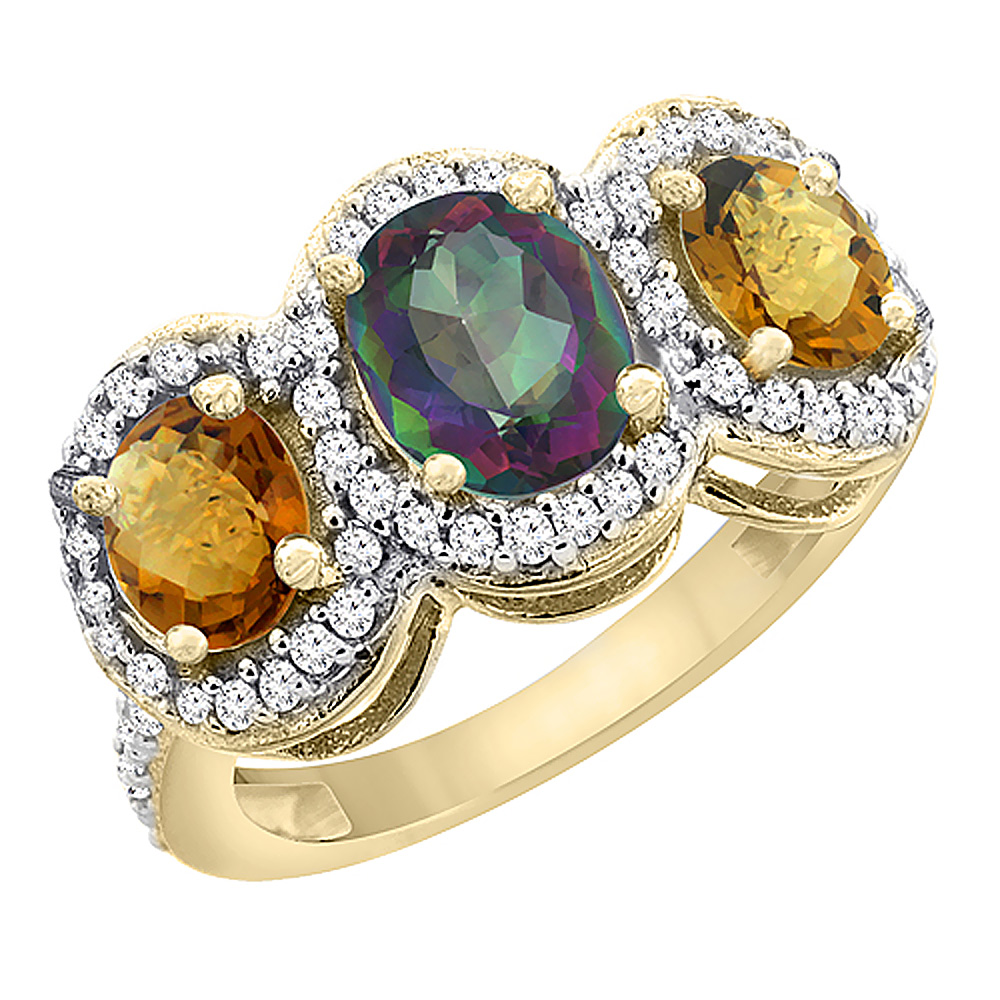 14K Yellow Gold Natural Mystic Topaz &amp; Whisky Quartz 3-Stone Ring Oval Diamond Accent, sizes 5 - 10