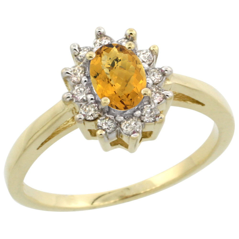 14K Yellow Gold Natural Whisky Quartz Flower Diamond Halo Ring Oval 6x4 mm, sizes 5 10