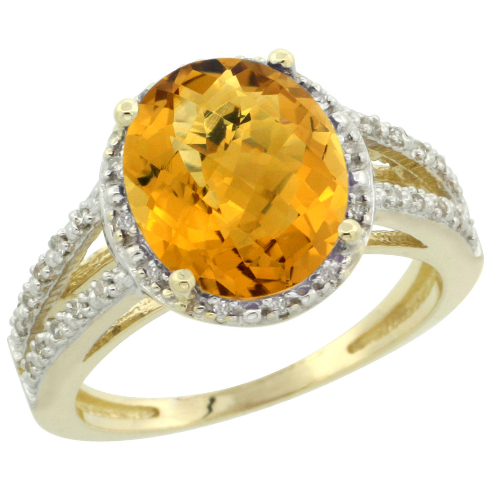 10K Yellow Gold Diamond Natural Whisky Quartz Ring Oval 11x9mm, sizes 5-10