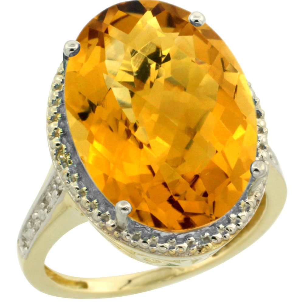 14K Yellow Gold Diamond Natural Whisky Quartz Ring Oval 18x13mm, sizes 5-10