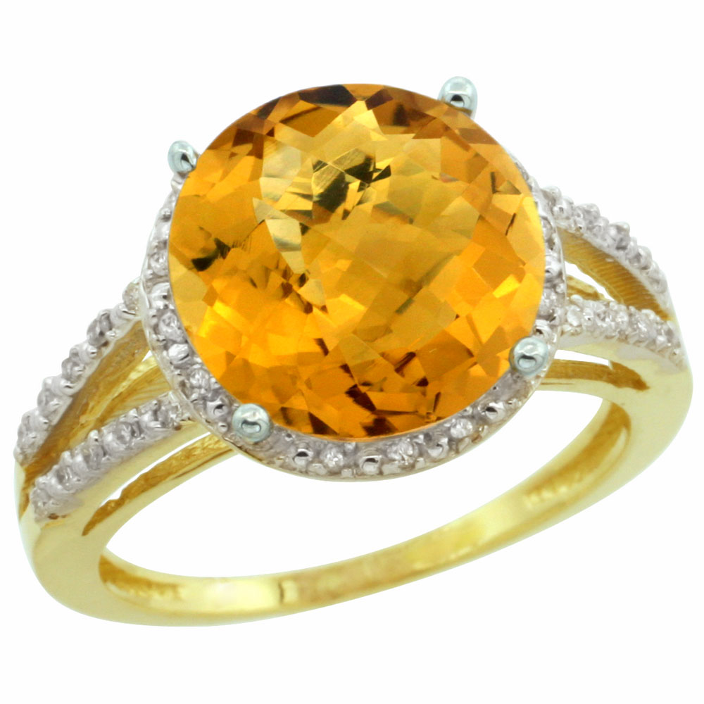 10K Yellow Gold Diamond Natural Whisky Quartz Ring Round 11mm, sizes 5-10