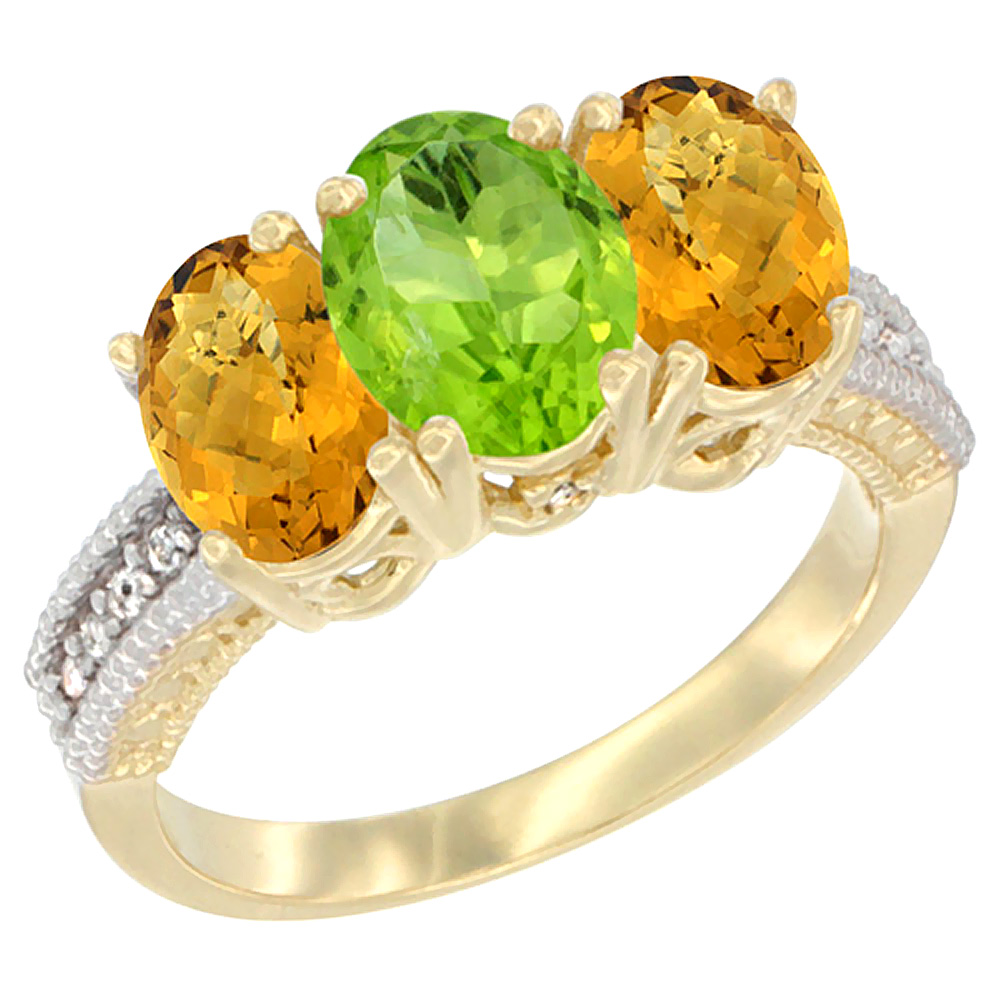 10K Yellow Gold Diamond Natural Peridot &amp; Whisky Quartz Ring 3-Stone 7x5 mm Oval, sizes 5 - 10