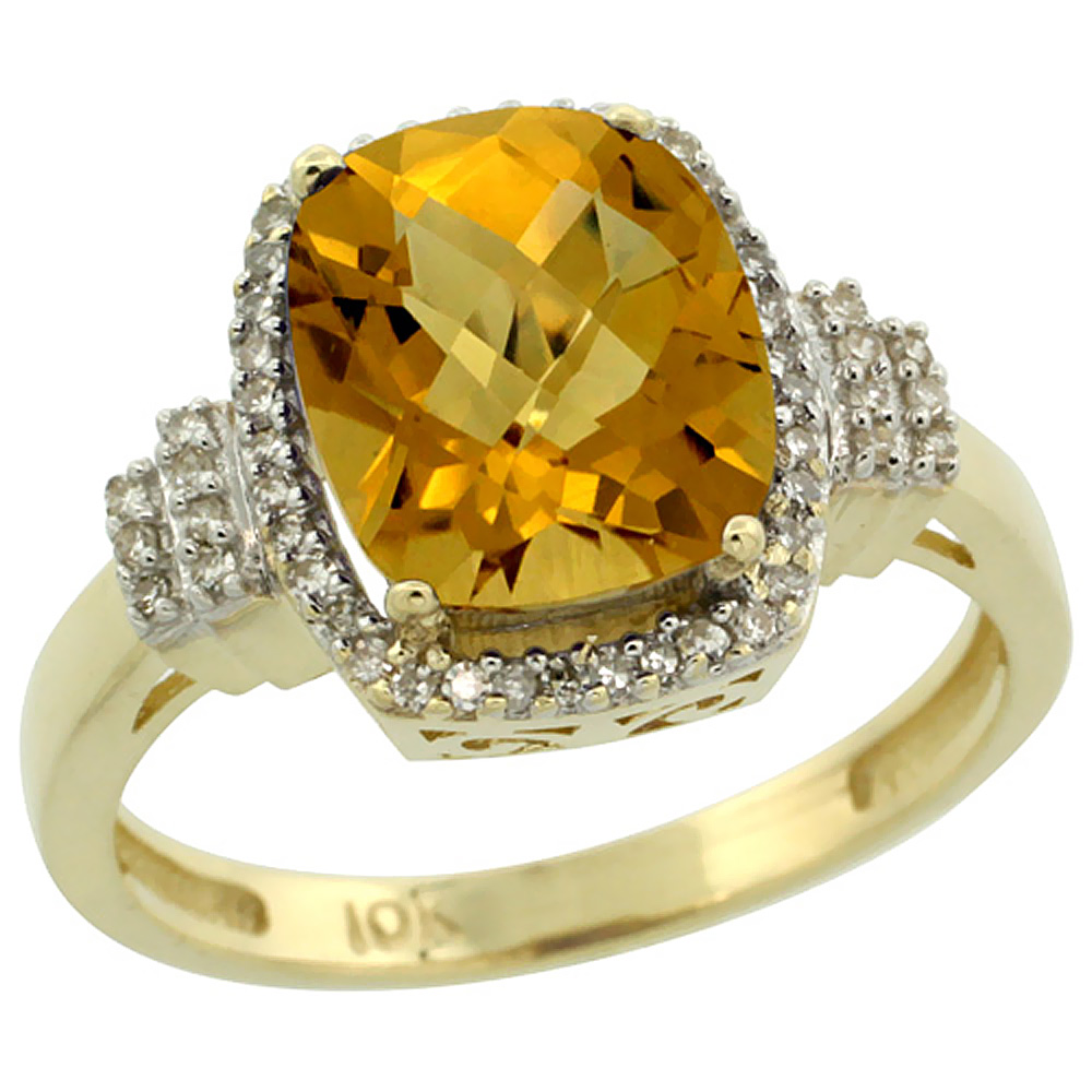 10k Yellow Gold Natural Whisky Quartz Ring Cushion-cut 9x7mm Diamond Halo, sizes 5-10