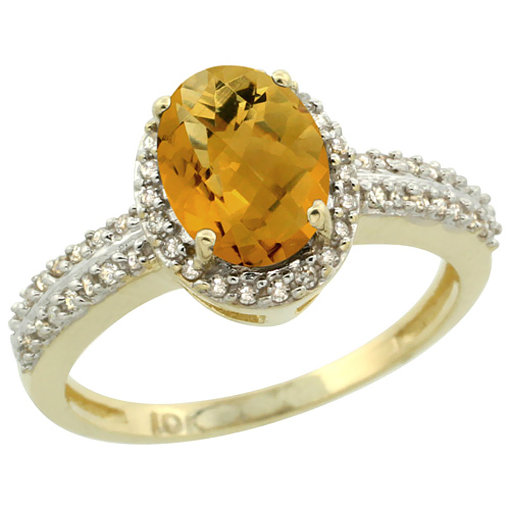 10k Yellow Gold Natural Whisky Quartz Ring Oval 8x6mm Diamond Halo, sizes 5-10