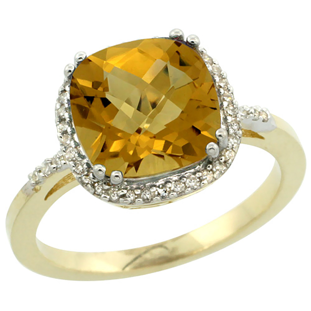 10K Yellow Gold Diamond Natural Whisky Quartz Ring Cushion-cut 9x9mm, sizes 5-10