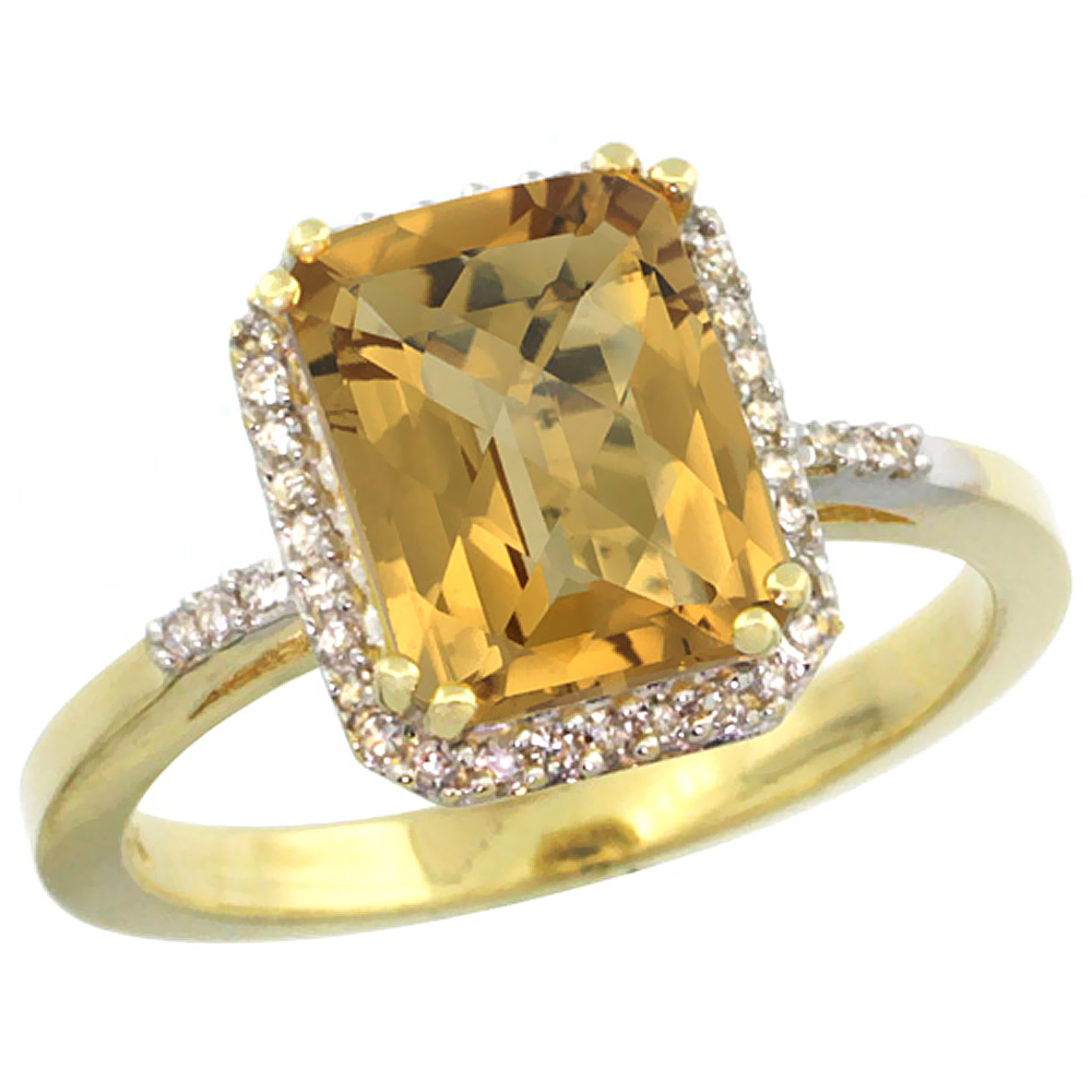 14K Yellow Gold Diamond Natural Whisky Quartz Ring Emerald-cut 9x7mm, sizes 5-10