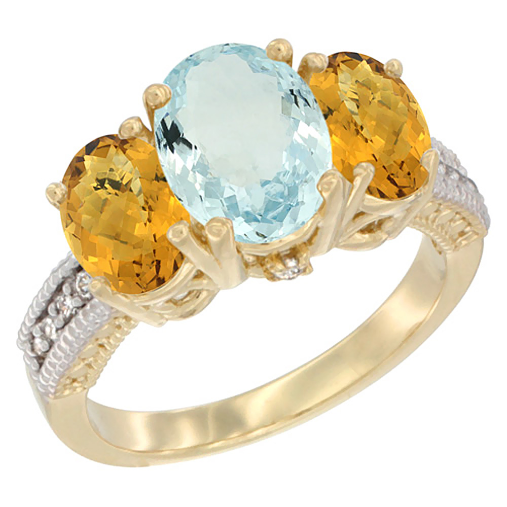 10K Yellow Gold Diamond Natural Aquamarine Ring 3-Stone Oval 8x6mm with Whisky Quartz, sizes5-10