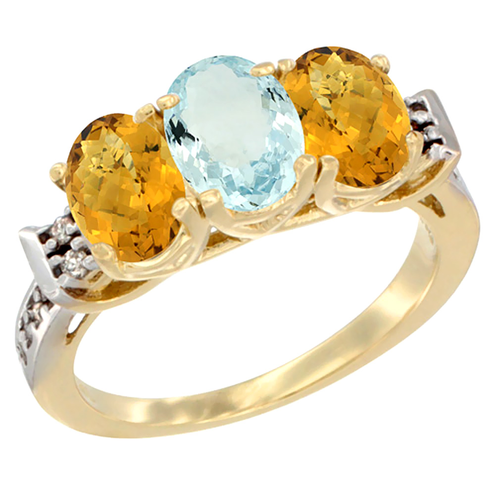 10K Yellow Gold Natural Aquamarine & Whisky Quartz Sides Ring 3-Stone Oval 7x5 mm Diamond Accent, sizes 5 - 10