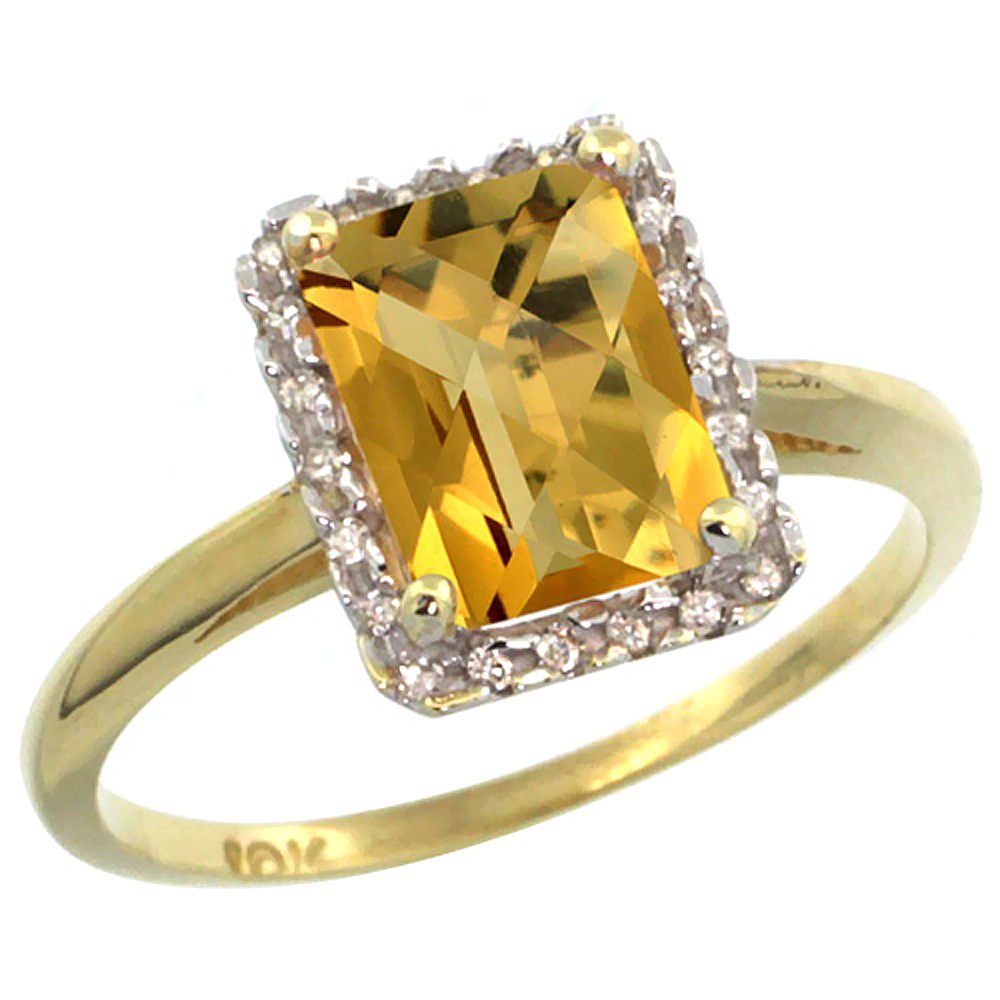 10K Yellow Gold Diamond Natural Whisky Quartz Ring Emerald-cut 8x6mm, sizes 5-10
